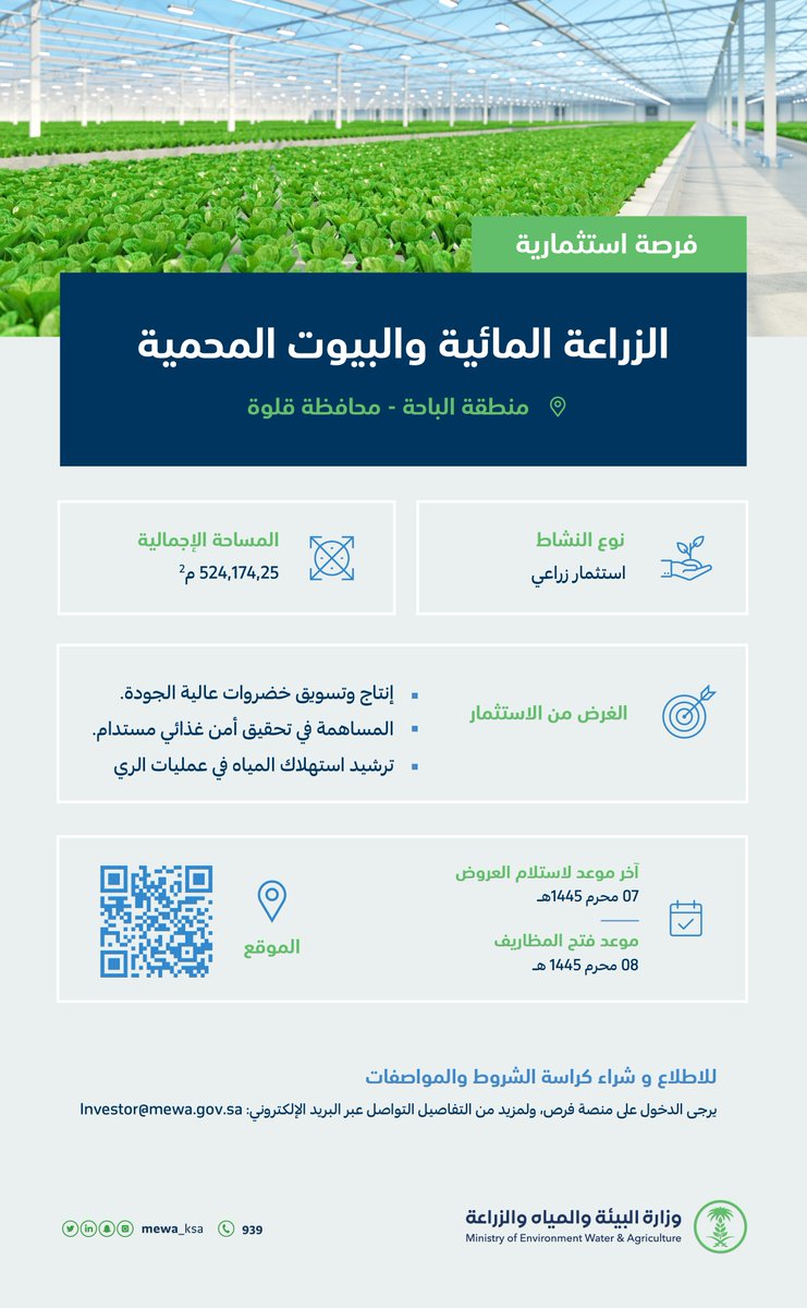 تعلن الوزارة عن طرح فرصة استثمارية في الزراعة المائية والبيوت المحمية بمنطقة الباحة- محافظة قلوة؛ لإنتاج وتسويق خضروات عالية الجودة.

للمزيد:
furas.momra.gov.sa/ar/opportuniti…