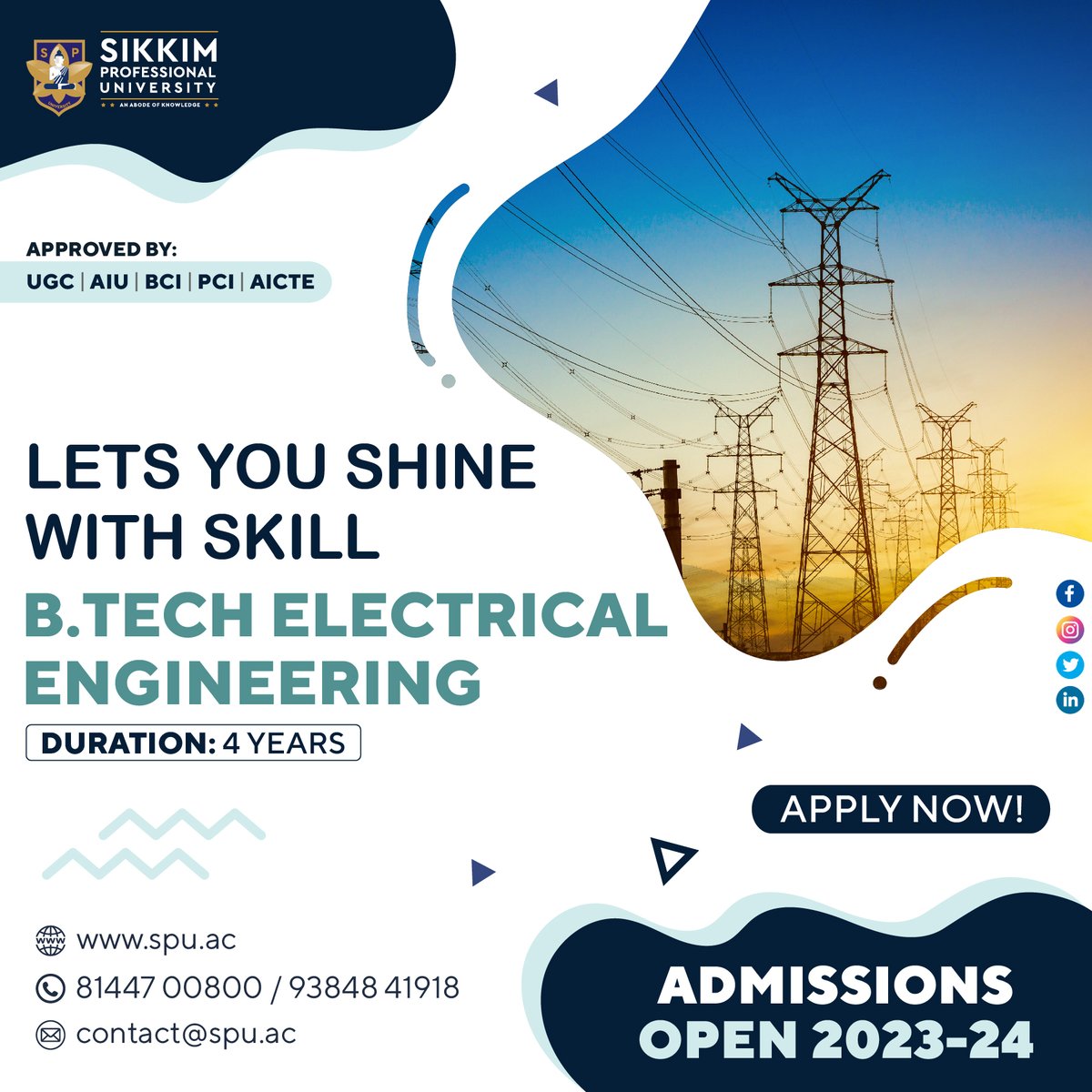 SPUSikkim's tweet image. Let&apos;s You Shine with Skill B.Tech Electrical Engineering. Admission Open Hurry Up !! 
Apply Now: shorturl.at/sAT48
📱 +91 8144700800 / 9384841918
📧 contact@spu.ac
#btechcourse #admissionopen2023 #ugcapproval #applynow #ugcourse #applynow #spugangtok