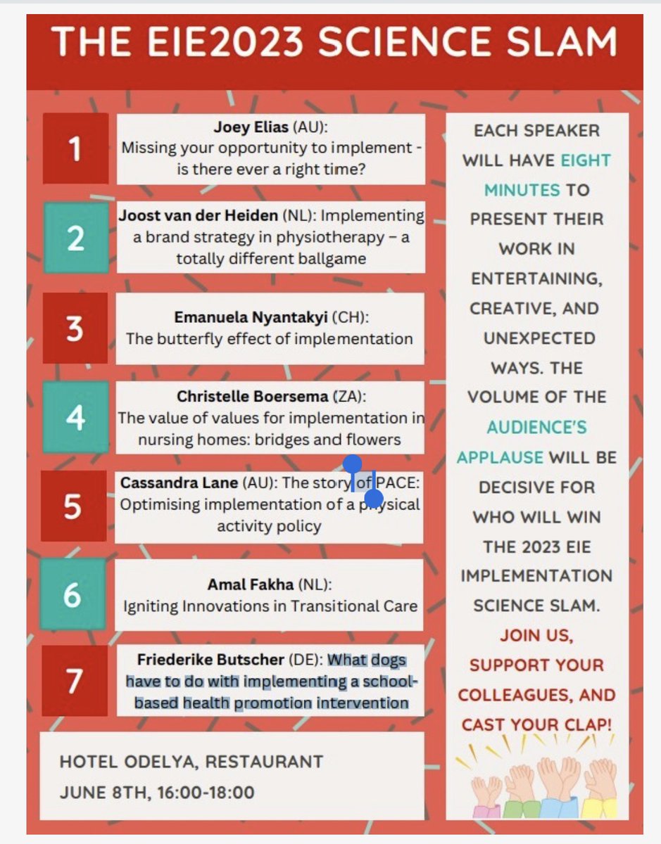 European Implementation Event (@eie_event) on Twitter photo 🌟 Brace yourself for the ultimate #EIE2023 Science Slam!
🎤 Speakers present their work in entertaining & creative ways in just 8min
🏆👏 Your applause decides the winner!
Join us at 16:00 for an electrifying showcase of #implementation science brilliance! 🙌
<a href="/impact_swiss/">IMPACT - Swiss Implementation Science Network</a> 🌟 Brace yourself for the ultimate #EIE2023 Science Slam!
🎤 Speakers present their work in entertaining & creative ways in just 8min
🏆👏 Your applause decides the winner!
Join us at 16:00 for an electrifying showcase of #implementation science brilliance! 🙌
<a href="/impact_swiss/">IMPACT - Swiss Implementation Science Network</a>