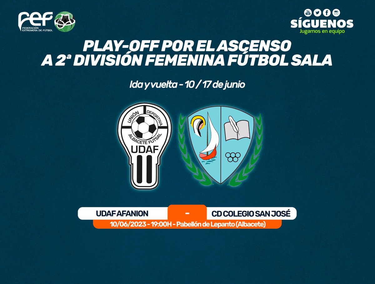 🥎 | #FútbolSala |

📅Este fin de semana, el <a href="/CdcSanJoseFS/">CDC SAN JOSÉ FS</a> Femenino inicia su aventura en el 🇪🇸Play-Off Nacional de Ascenso a 2ª División frente a las albaceteñas del <a href="/UDAFalbafutsal/">UDAF AFANION</a>.

👍¡Ánimo equipo, toda #Extremadura está con vosotras!⚪🔵

#JugamosEnEquipo