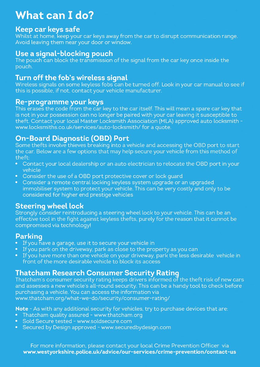 WYP_BradfordC's tweet image. Keyless theft, also known as &apos;relay theft&apos;, occurs when a device is used to fool the car into thinking the car&apos;s own remote key fob is close by; this unlocks the car and allows the ignition to be started.
#CarSafetyTips #SignalBlocking #Relaytheft

westyorkshire.police.uk/advice/vehicle…