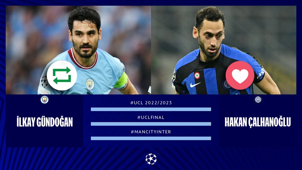 #UCLfinal Countdown! ⏳⚽️🤩

🔁 = <a href="/IlkayGuendogan/">Ilkay Gündogan</a> 🇩🇪
❤️ = <a href="/hakanc10/">Hakan Çalhanoğlu</a> 🇹🇷

#UCL | <a href="/ManCity/">Manchester City</a> | <a href="/Inter/">Inter ⭐⭐</a>