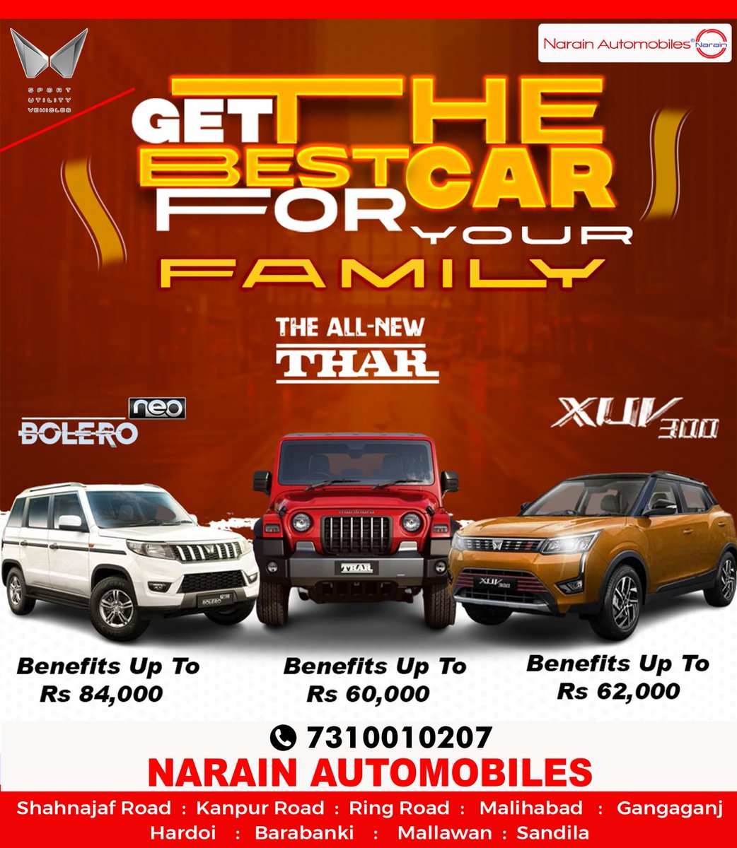 Get the best car for your family.
Safe, comfortable, luxurious, dependable and extremely capable.
Get special offers on Bolero Neo, All New Thar and XUV300
Call 7310010207 to buy.

#discountoffer #boleroNeo #Thar #xuv300 #scorpio #scorpioclassic #mahindrathar #mahindra  #cars