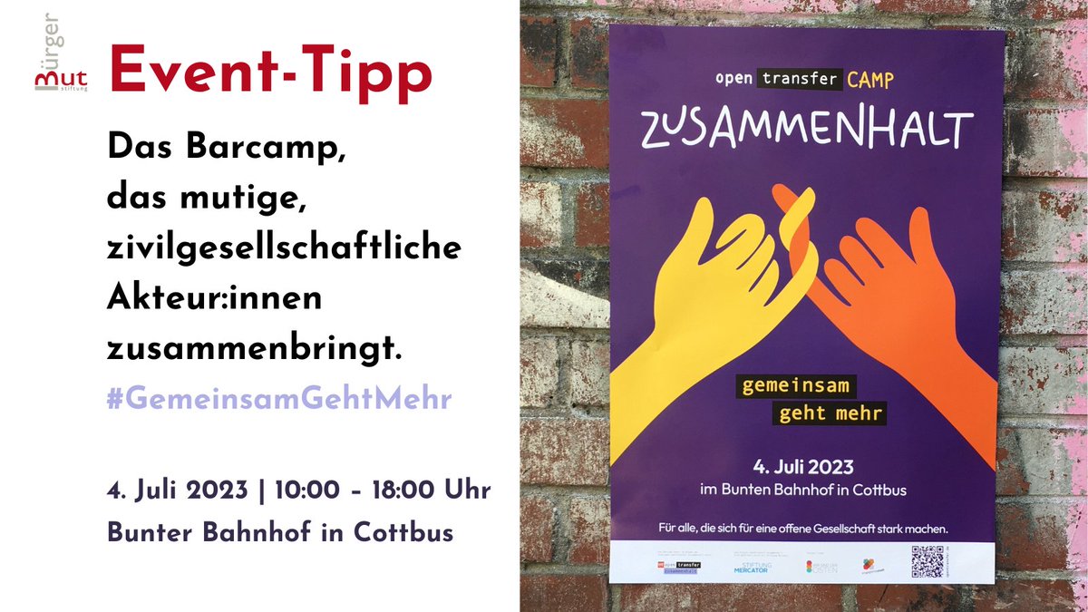 Unser Team Zusammenhalt lädt Projekte im Osten von Deutschland ein, auf dem Barcamp am 4.7. in Cottbus #Kooperationen für eine offene Gesellschaft zu schmieden + ihre Erfahrungen mit gelungenen Allianzen zu teilen. 🎟️ Bucht euer kostenfreies Ticket hier: pretix.eu/SBM/camp/