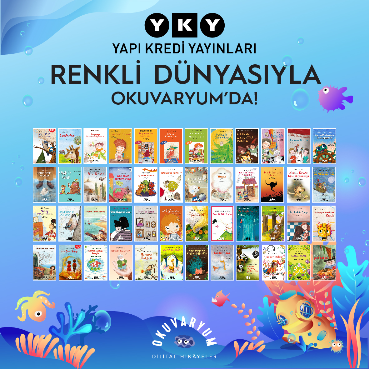 🎉 Beklenen an geldi! Bundan böyle çocuklarımız, Yapı Kredi Yayınlarının @YKYHaber merakla okunan kitaplarını Okuvaryum'da keşfedecek! Haydi, hemen Okuvaryum’u indirin ve kitapların büyülü dünyasına adım atın! #Okuvaryum #YapıKrediYayınları