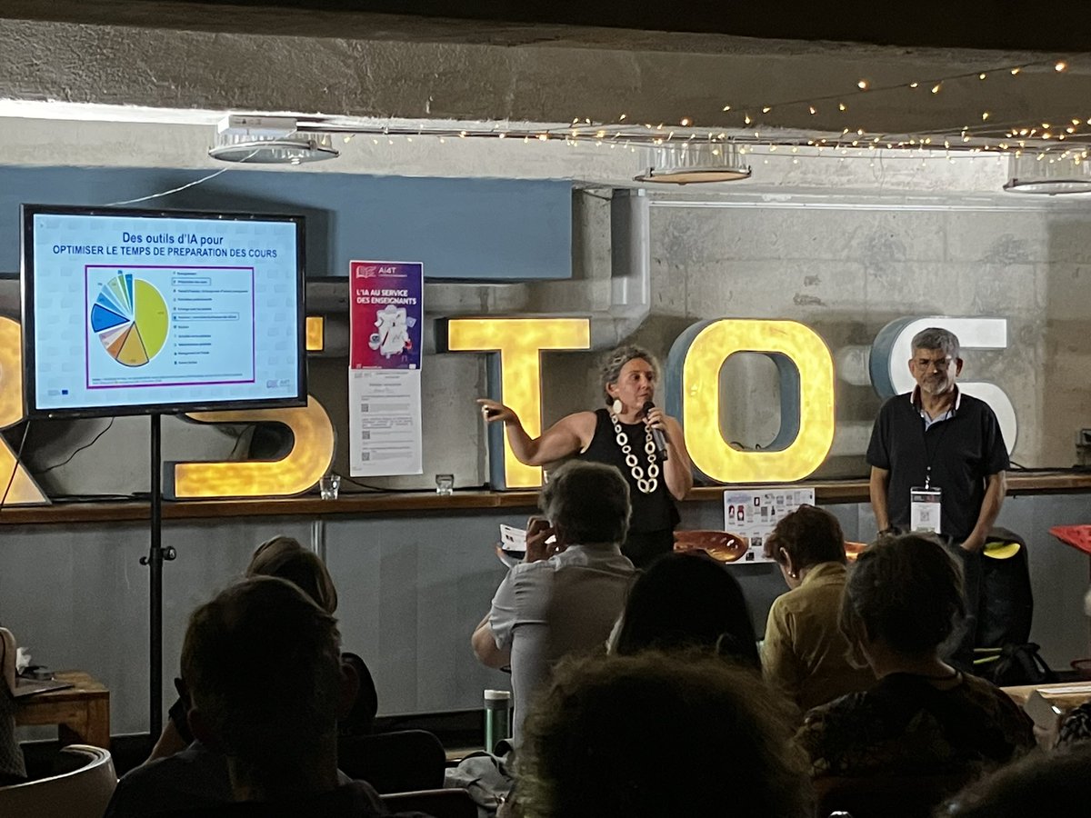 L’IA pour aider à optimiser la répartition du temps de travail des enseignants. 44 et 15% sont consacrés respectivement à l’enseignement et la préparation (source: OCDE)
#FUNconférence23 #IA #education 
<a href="/BenedicteCardon/">benedicte.cardon@inria.fr</a> Azim Roussanaly