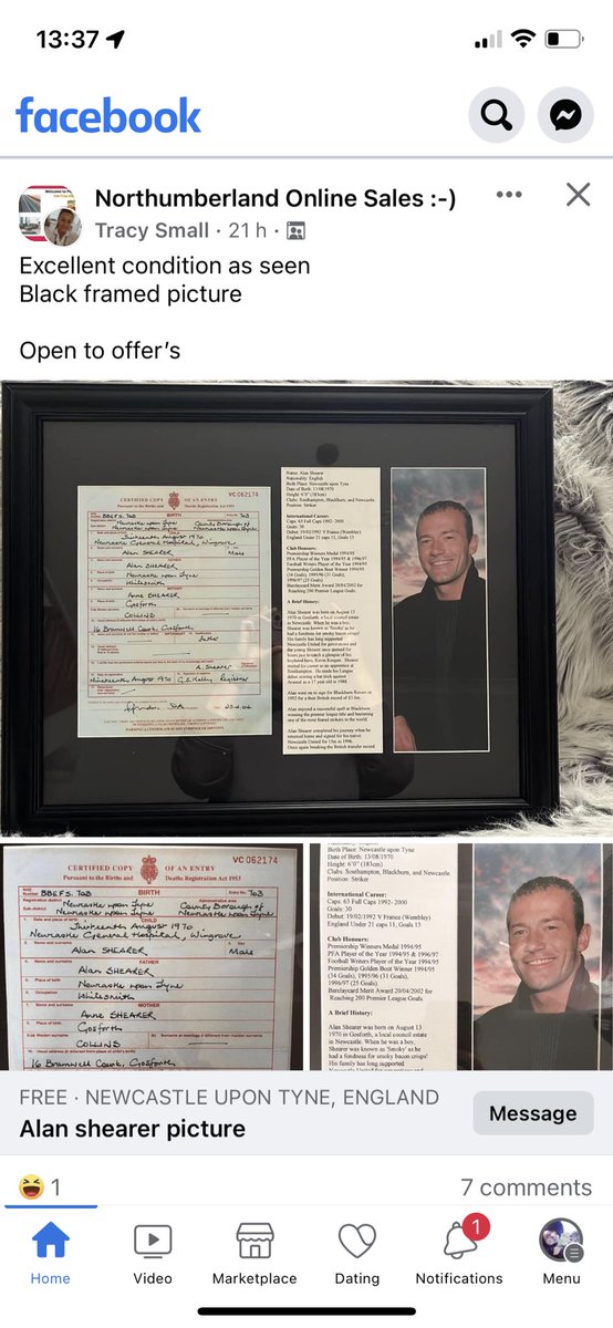 dangersoups's tweet photo. @alanshearer you seen someone is trying to sell your framed birth certificate online? If it’s real then that’s pretty low! Maybe you might want such a personal item returned to you? https://t.co/nw7i44aLHn