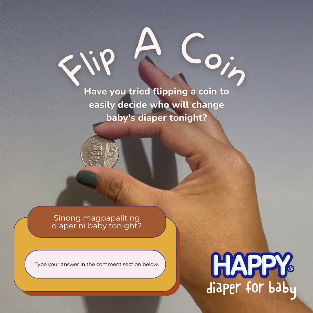 happydiapersph's tweet photo. Here's a fun couple game for our #certifiedHAPPYmoms and #certifiedHAPPYdads here.

Let the coin decide who will wake up at 3AM to change baby's diaper.

Tell us who's on duty tonight in the comment section below.

#momentswithHAPPYareHAPPYmoments #certifiedHAPPYbaby https://t.co/7kwszCc8cY