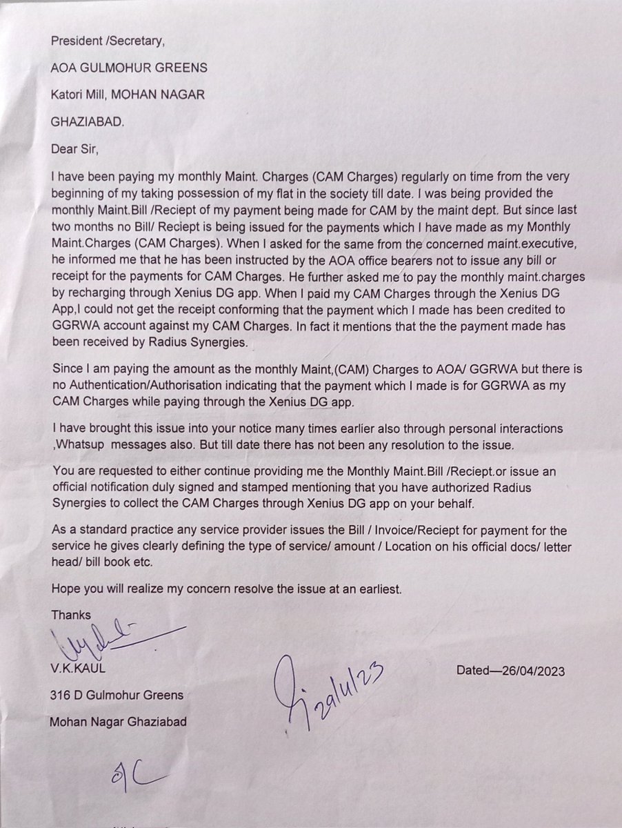 kaul_vk's tweet photo. @dm_ghaziabad @gdagzb 
Since last few months AOA of Gulmohur Green hosing society at Mohan Nagar has stopped to give monthly maintenance charges bill and the reciept of the payment. In this regard approached AOA but they are adamant in not issuing the bill/reciept. Pl. Intervene https://t.co/Tx0buUPaTu