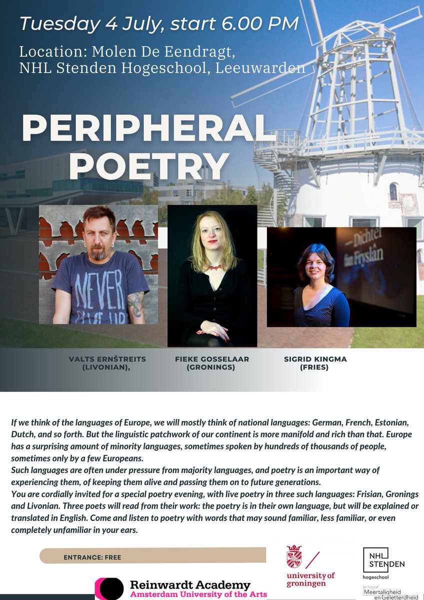 Wees welkom bij de meertalige poëzieavond op dinsdag 4 juli. Dichters treden live op met gedichten in het Livonisch, Gronings en Fries. Vanaf 18 uur in Molen De Eendragt in Leeuwarden <a href="/nhlstenden/">NHL Stenden</a>