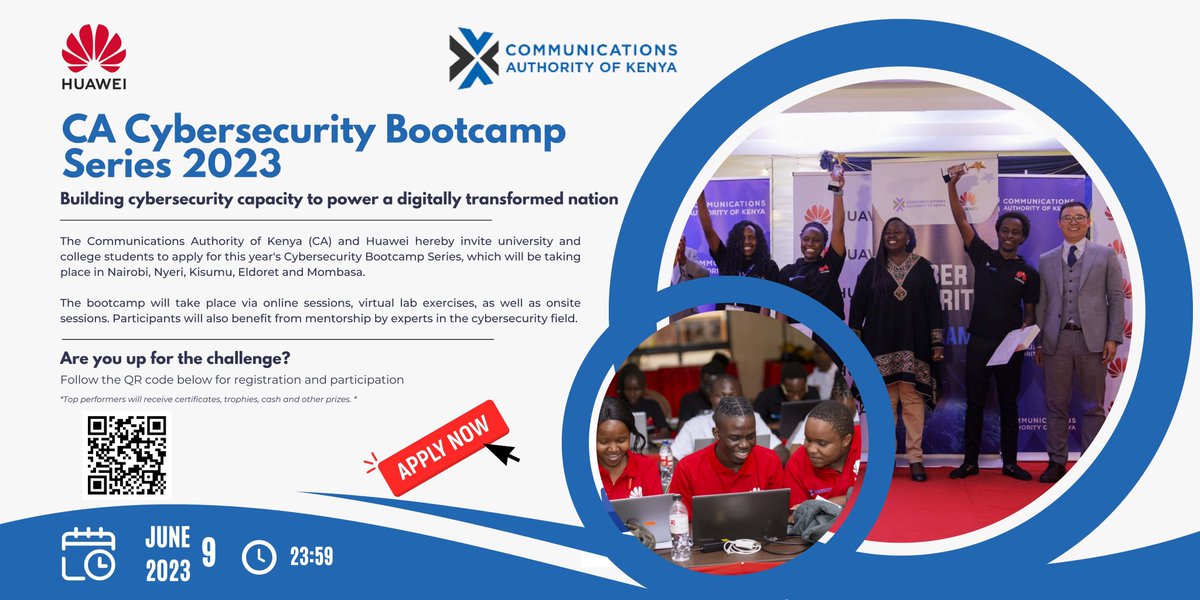 LAST CALL FOR REGISTRATION!📢✨
The 2023 <a href="/CA_Kenya/">Communications Authority of Kenya (CA)</a> Cybersecurity Bootcamp registration will be coming to a close on 9th June 2023 at 11:59pm. Have you booked your slot already? 
With exciting classes and awards waiting for you, you do not want to miss out on this!
Register now: