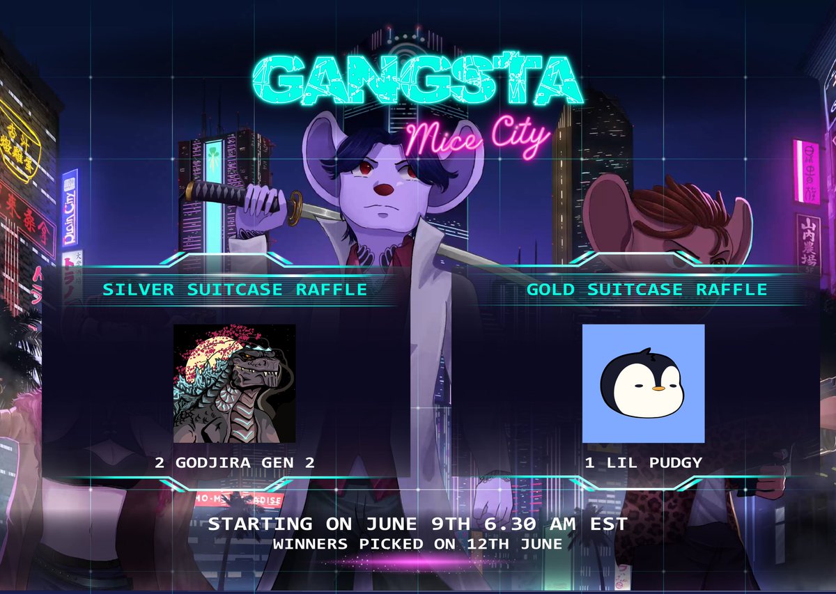 GMC_NFT's tweet photo. Calling all gangsta! 💰 

Get ready for the ultimate heist! 🎁💎 

On June 9th at 6:30 AM EST, the Silver and Golden Raffles will kick off! 💸💰 

Enroll with your $MICE tokens and prepare to make it rain! ☔️💰 

Winners will be picked on June 12th! 💪🎉 

Stay Gangstas 🔴🟢🔵 https://t.co/RapobyrULg
