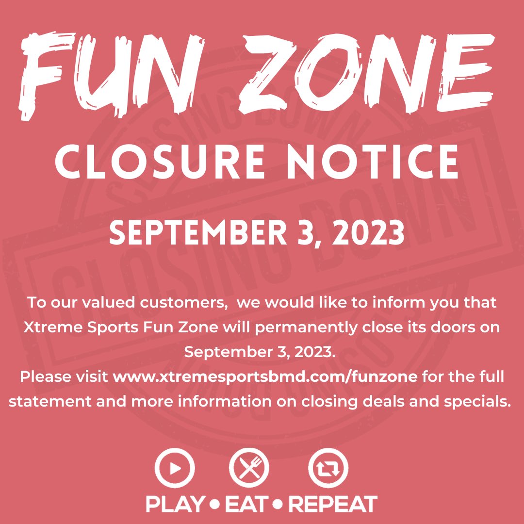 funzonefamily's tweet photo. We would like to inform our customers that Xtreme Sports Fun Zone will permanently close its doors on September 3, 2023.

Please visit https://t.co/SdBTVi63oc for the full statement. https://t.co/AUnel3Fv3A