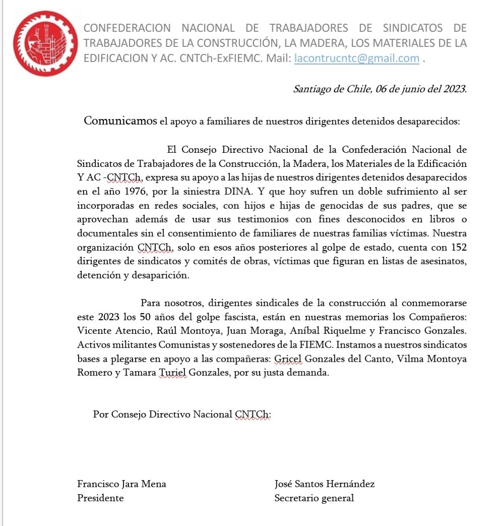 Honor y gloria a nuestros camaradas héroes mártires de la clase obrera, siempre presentes en la Confederación Nacional de Sindicatos de Trabajadores de la Construcción,  la Madera, los Materiales de la Edificación y Actividades Conexas de Chile CNTCh- FIEMC.