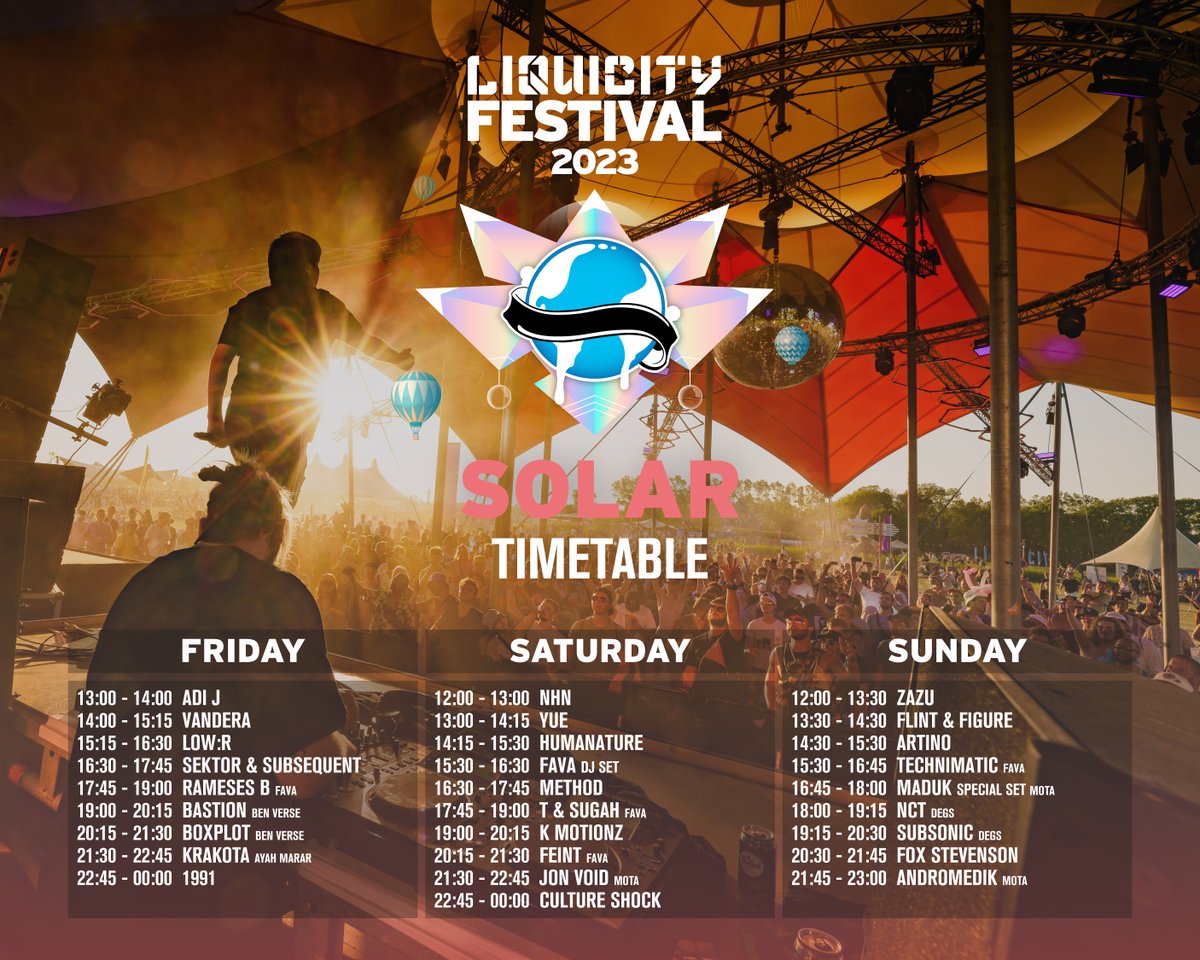 🚀 LIQUICITY FESTIVAL 2023 | SOLAR STAGE TIMETABLE 🌞 Whose set are you most excited for? More info & tickets: festival.liquicity.com