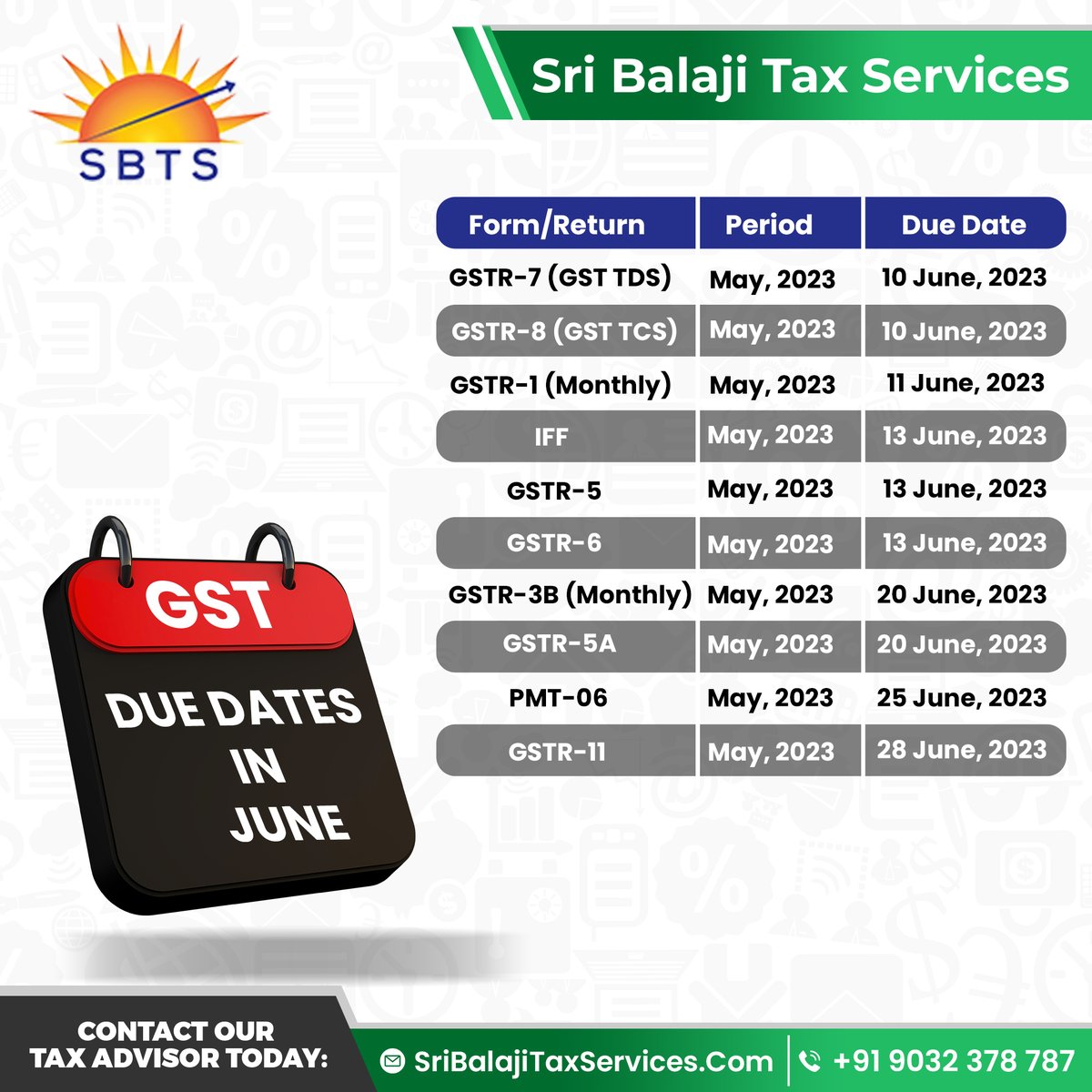 Are you ready for your GST due dates in June?

#gstfiling #gstreturns #gstregistration #gstin #gstindia #gsttax #gstreturnfiling #gstconsultant #gstexpert #gstservices #gstcompliance #gstrates #gstupdate #gstdue #gstaccounting