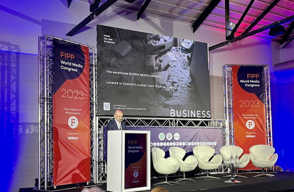 FIPPWorld's tweet photo. Human, business and media resilience under extreme duress - Andrii Vdovychenko of Burda Media Ukraine speaks at #fippcongress https://t.co/CYU8l8BoAC