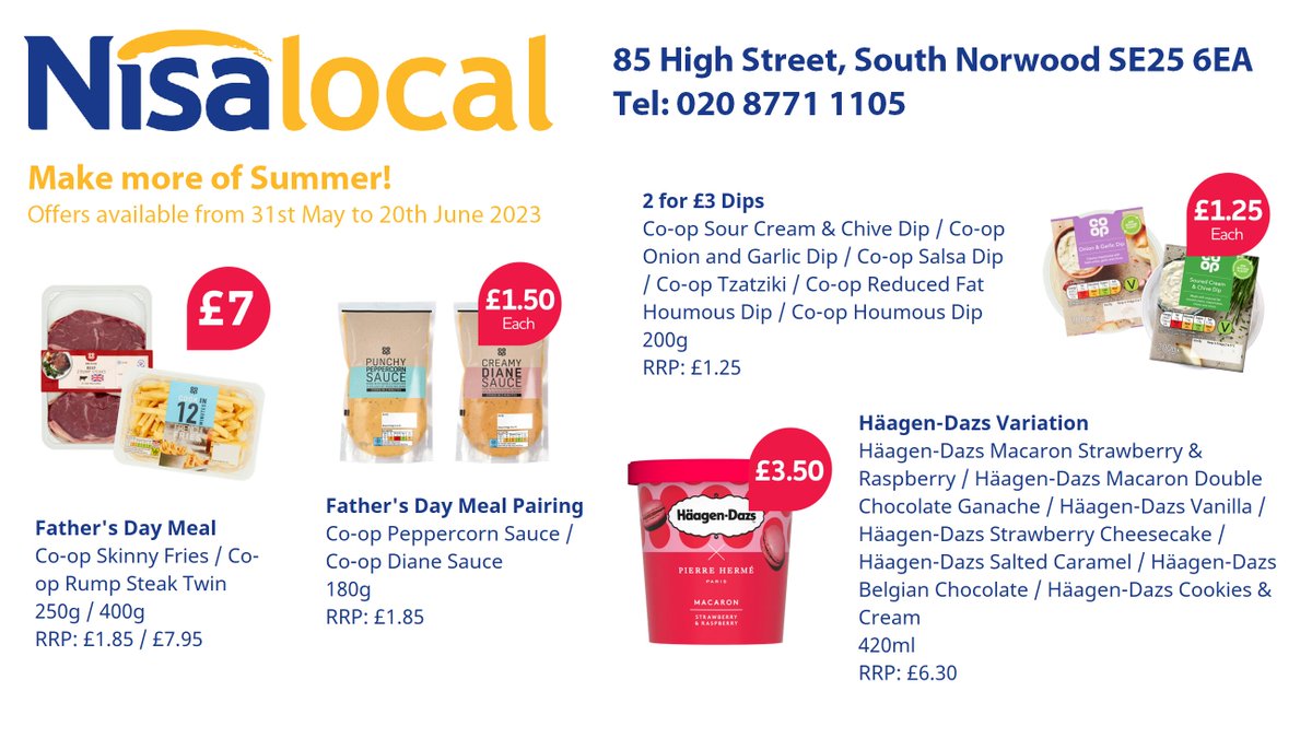 Nisa_SNorwood's tweet image. A Father's Day meal special, an ice cream treat and some dips are some of the super specials you can pick up at Nisa South Norwood.

#pickybits #southnorwood #norwood #croydon #fooddeals #drinksdeals #spring #se25 #southnorwood #croydon #groceries #foodshopping #FathersDay2023