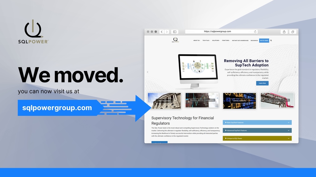 SQLPowerGroup's tweet image. We moved! You can now find SQL Power at: sqlpowergroup.com
We look forward to seeing you there!
#suptech #regtech #sqlpower #centralbanks #financialregulation #finreg #digitaltransformation