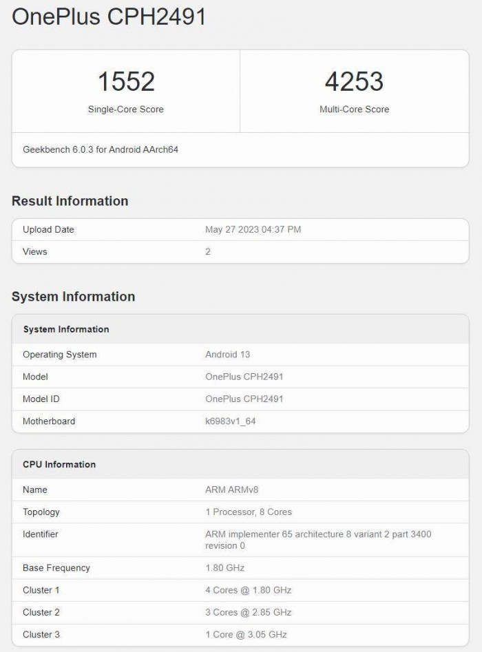 tsaikumar1989's tweet photo. #OnePlusNord3 with Model numbers CPH2491 &amp; CPH2493 appears on GeekBench database ahead of launch in June or Early July.

Android 13 (Oxygen OS)
16GB RAM
Dimensity 9000 SoC

#OnePlus #OnePlusNordCE3 
#OnePlusAce2V = #OnePlusNord3 https://t.co/QMaKdoQkYR