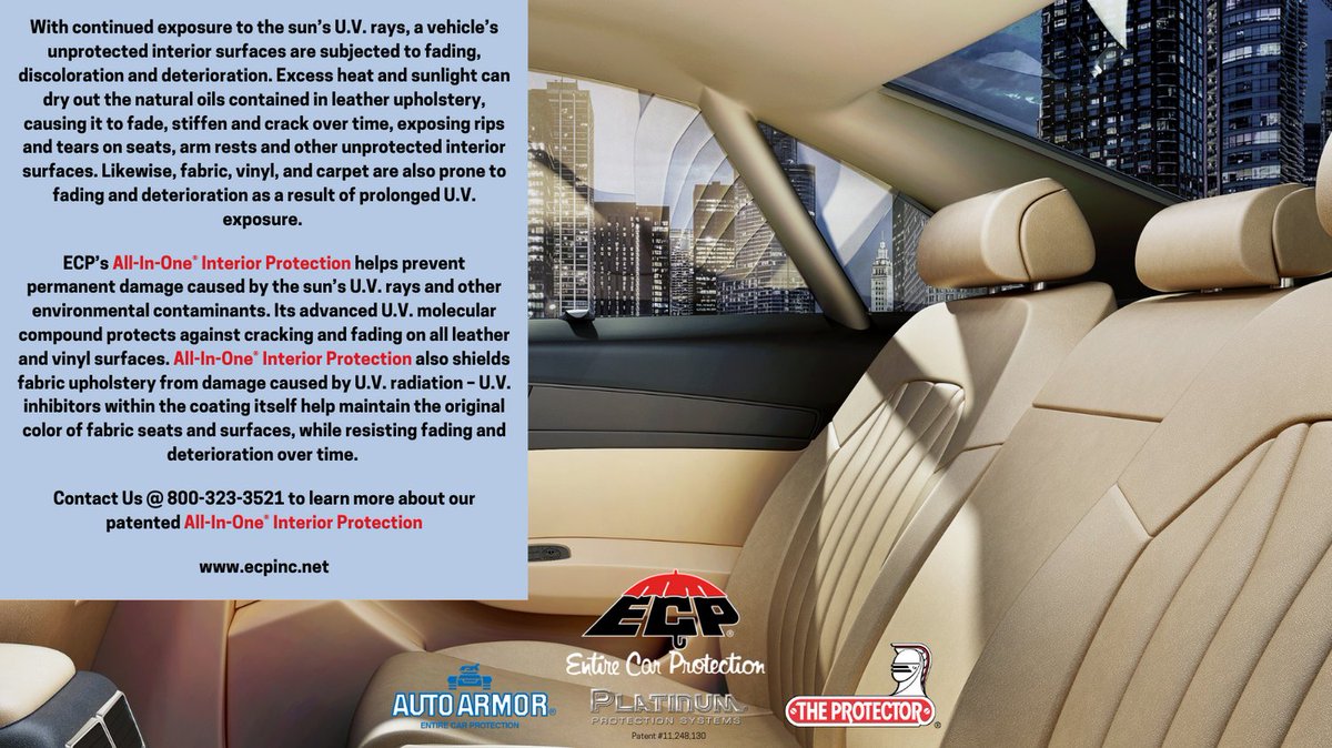 #Dealerships #Automotive #AutomotiveIndustry #CarCare #AutoDealer #FinanceandInsurance #MadeintheUSA #Aftermarket #AppearanceProtection #InteriorProtection #ProtectiveCoatings #ECP #AutoArmor #TheProtector #PlatinumProtectionSystems #AllInOne #Fading #Discoloration #UVRays