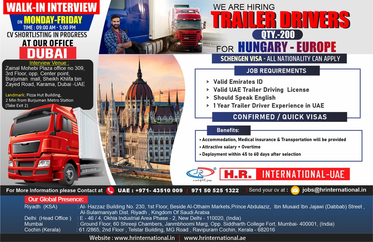 hrinewdelhi's tweet photo. We are Hiring for Hungary - Europe
UAE: +971 43 510 009, +971 50 525 1322
Send Your CV at: jobs@hrinternational.in
Website: https://t.co/VHS1Pbcb5j, https://t.co/FhC1JwuSVx
#dubai #uae #Requirements #jobsgulf #trailerdrivers #drivers #workers #hungary #romania #europe @hriuae https://t.co/beT9ssIV0y