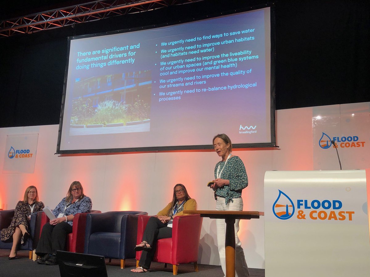 Here’s some interesting stuff from Bridget Woods-Ballard of @hrwallingford at #FloodandCoast2023 on storm overflows and polluted surface water. How #SuDS can really help. Tiny 🧵but first, we urgently need to do things better / differently.