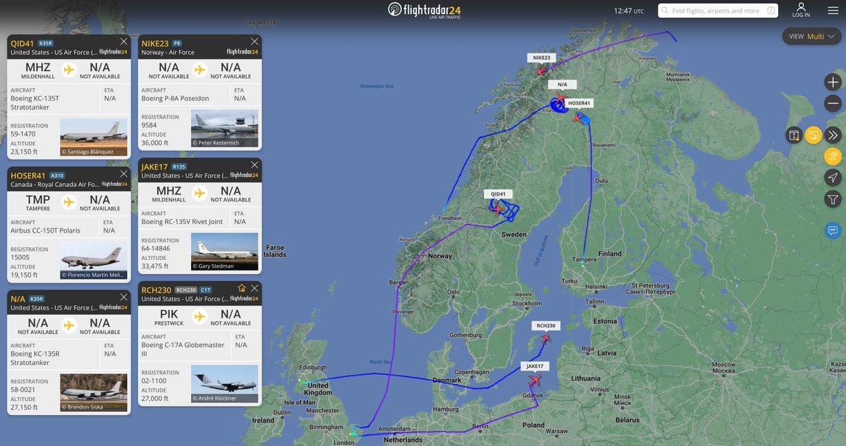 alternativewip's tweet photo. fair bit of activity over northern europe - here can see the #RCAF, #USAF getting some laps in over norway with the #RNoAF on the north coast, then over the baltic sea flies a USAF C17 and rivet joint making their way north. #QID41 #NIKE23 #HOSER41 #JAKE17 #RCH230 https://t.co/A2ab9cLFZT