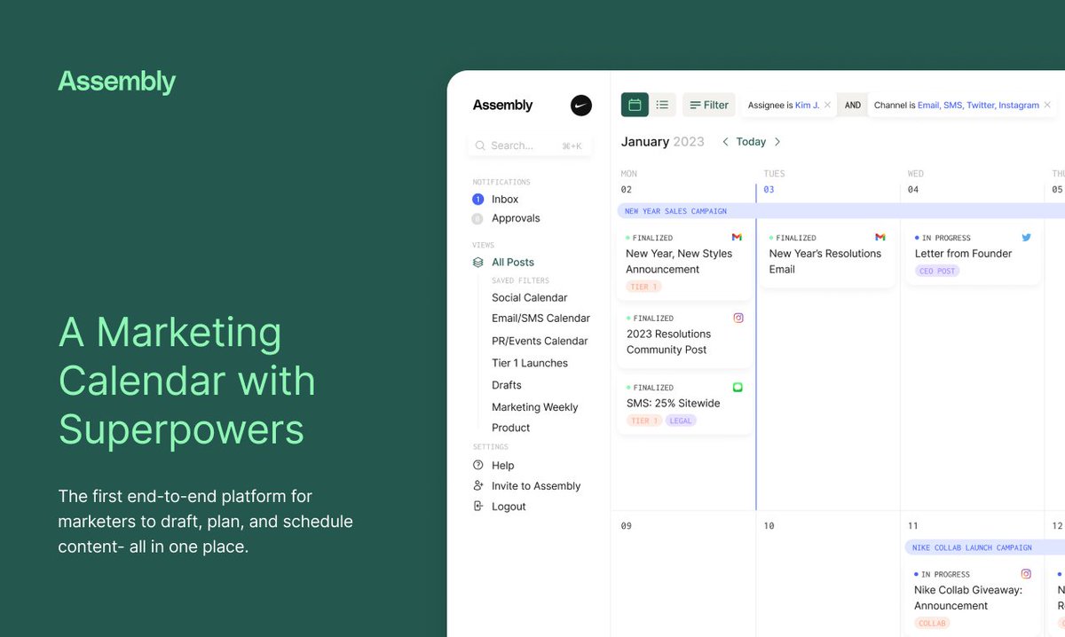 Today's the day! Assembly is now LIVE to everyone. 🎉

Introducing Assembly, a marketing calendar with superpowers.

Plan, collaborate, and schedule/post your content - all in one place.

assembly.marketing