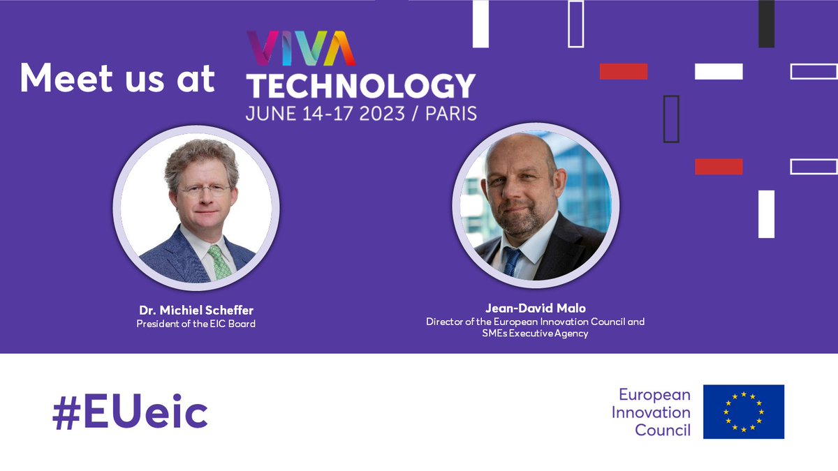 VivaTech's tweet photo. The @EUeic is making waves at #VivaTech! 🌊

Dive into the action with @EU_EISMEA’s Director, @JeanDavidMALO1, &amp; the new President of the EIC Board, Michiel Scheffer.

And be sure to catch the insightful workshops at their stand, where brilliance meets opportunity! 🚀 https://t.co/40q2Uhcqqd