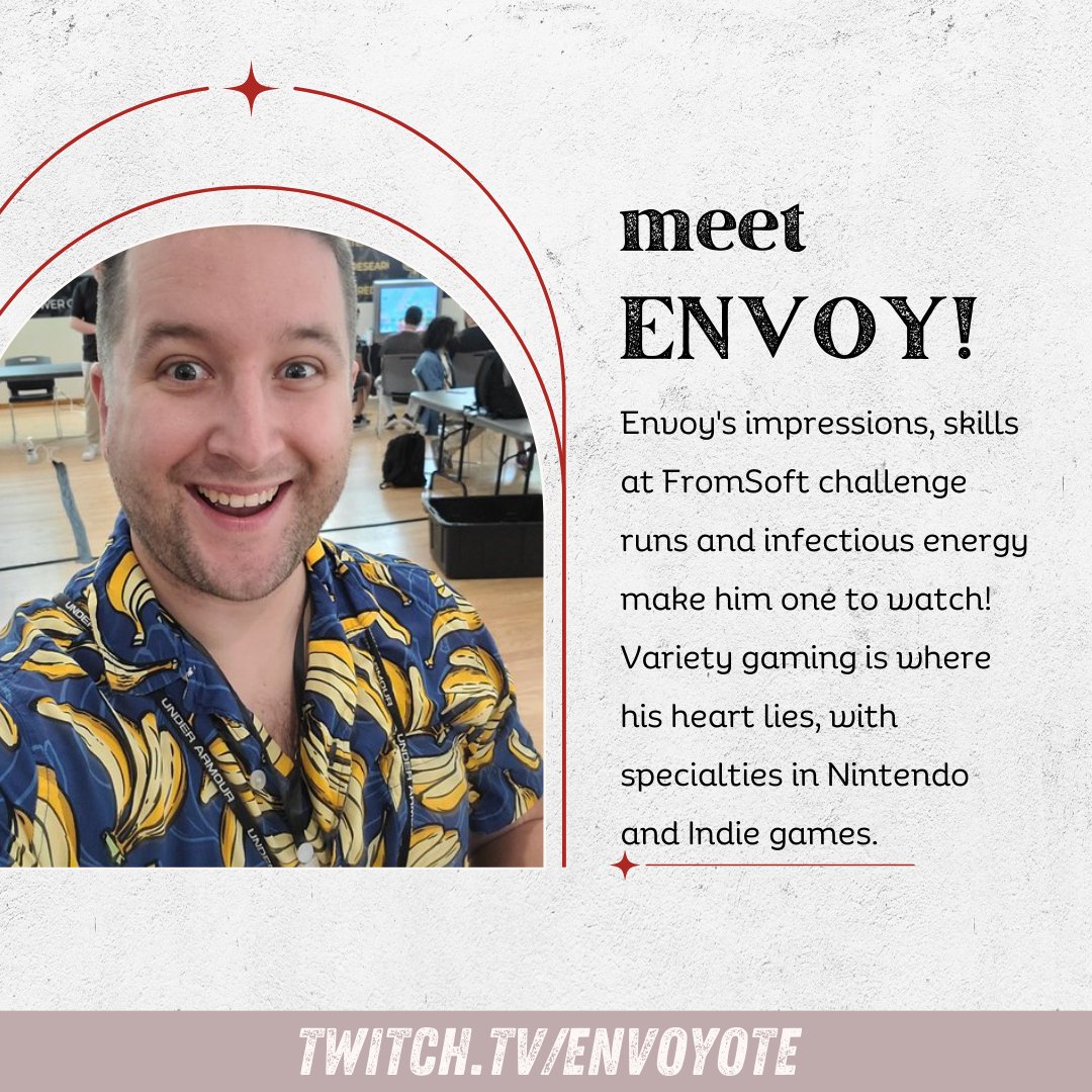 ❤️‍🔥 MEET THE MEMBERS!! ❤️‍🔥

@EnvoyOTE  is a US-based variety streamer with  penchant for Nintendo, indie titles and smashing out difficult challenges!

You can catch him live over at twitch.tv/envoyote ✨