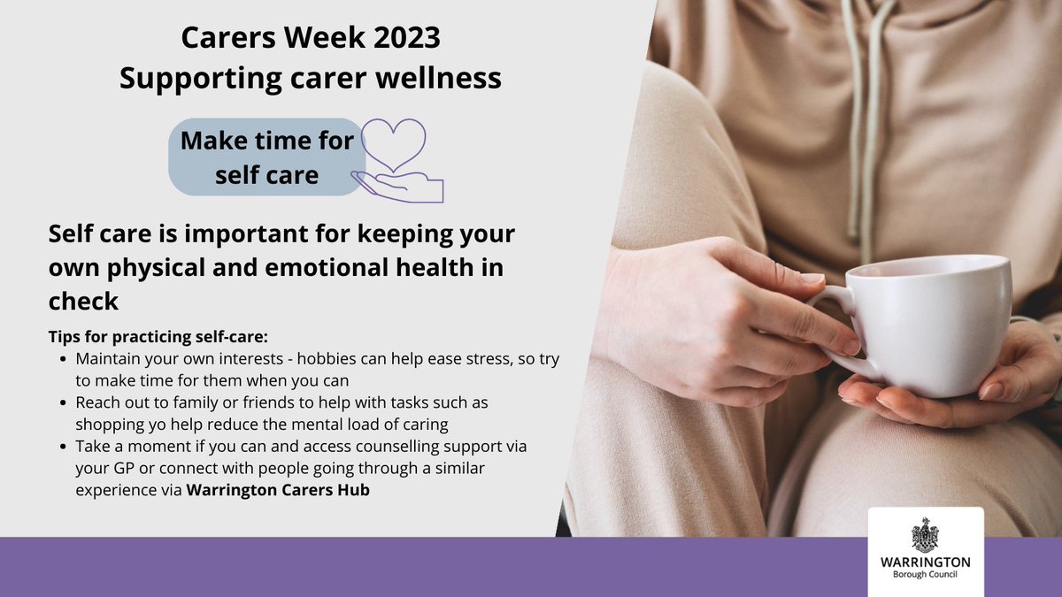 This #CarersWeek we have been sharing tips to help with carer wellbeing. Carers can find it hard to find time for themselves, today we look at the importance of self care. For more support for carers, visit orlo.uk/SddBO @WarrTogether
