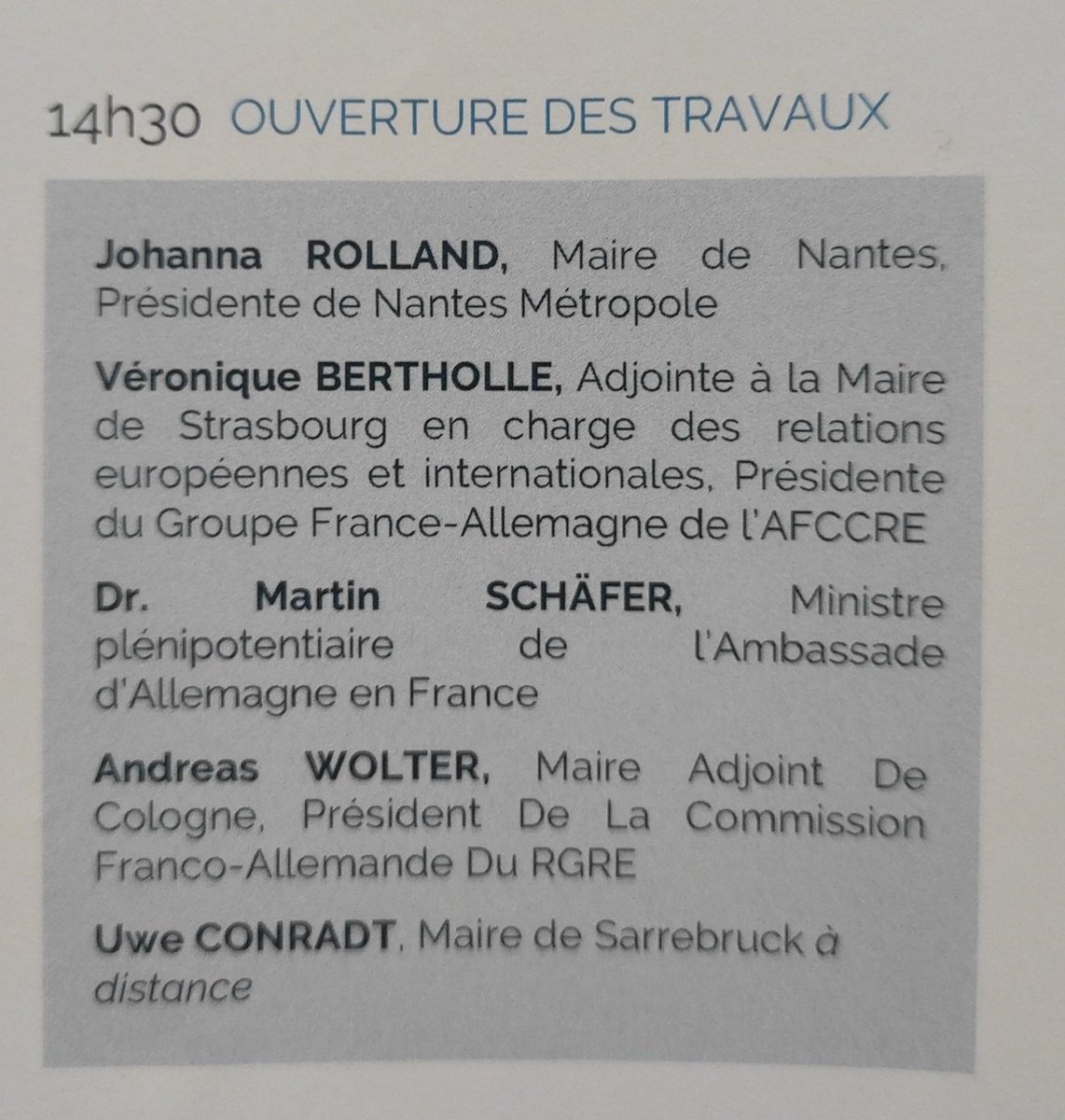 Les travaux de la rencontre 🇨🇵🇩🇪, organisée par <a href="/nantesfr/">Ville de Nantes</a> <a href="/NantesMetropole/">Nantes Métropole</a> <a href="/afccre/">AFCCRE</a>, commencent:
#MartinSchafer, Ministre Plénipotentiaire de l'<a href="/AllemagneDiplo/">Ambassade d'Allemagne en France</a> #VéroniqueBertholle <a href="/AndreasWolter20/">Andreas Wolter</a> co-Pts du groupe @🇨🇵🇩🇪 de l'AFCCRE
Merci <a href="/Johanna_Rolland/">Johanna Rolland</a> @YPascouau pr l'accueil !