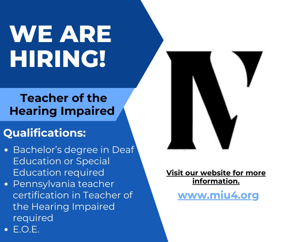 Midwestern Intermediate Unit IV is looking to hire a Teacher of the Hearing Impaired.
For more information, visit our website:
miu4.org/site/Default.a…
#miu4u #bethegood #miu4proud
