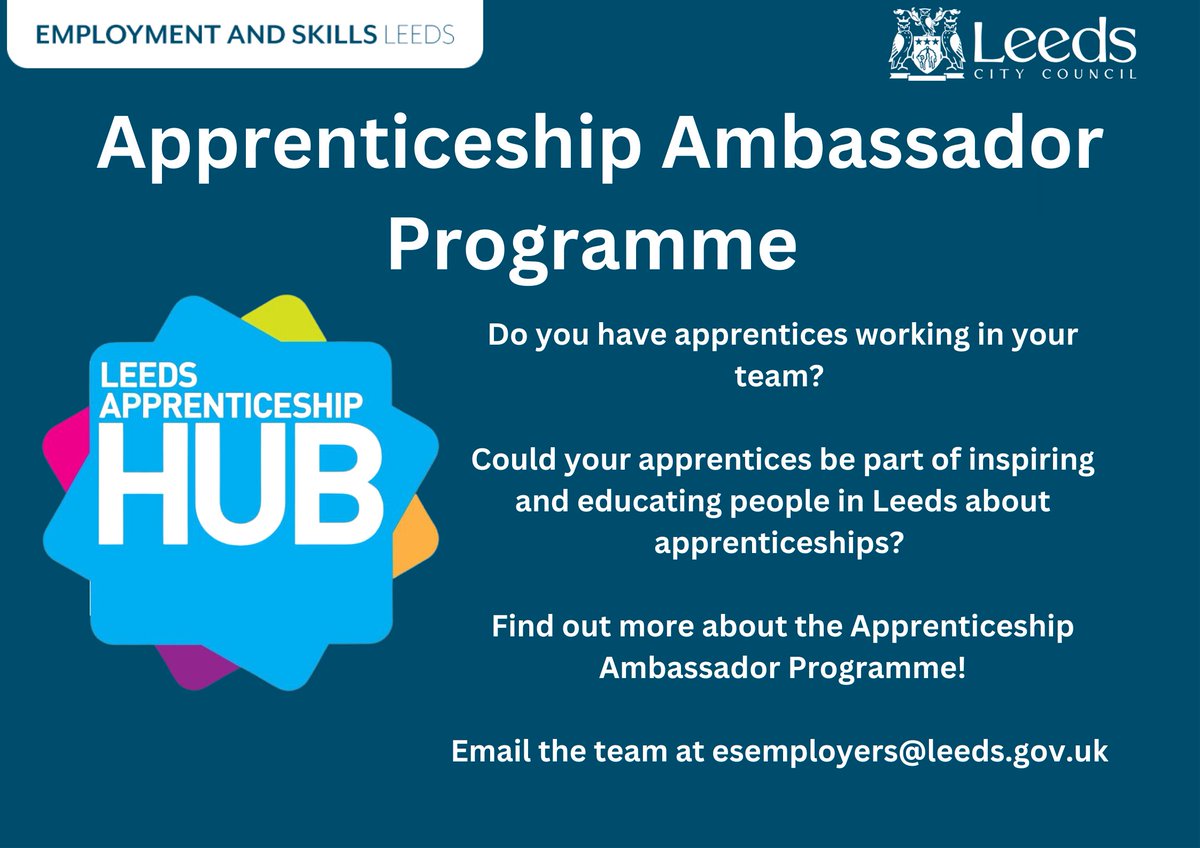 📣Find out more about the Leeds Apprenticeship Ambassador Programme. ⭐Do you have apprentices in your team? ⭐Could your apprentices be part of inspiring people in Leeds about apprenticeships? ⭐Next intro session 22 Jun 23. 💻Email us at esemployers@leeds.gov.uk to get involved