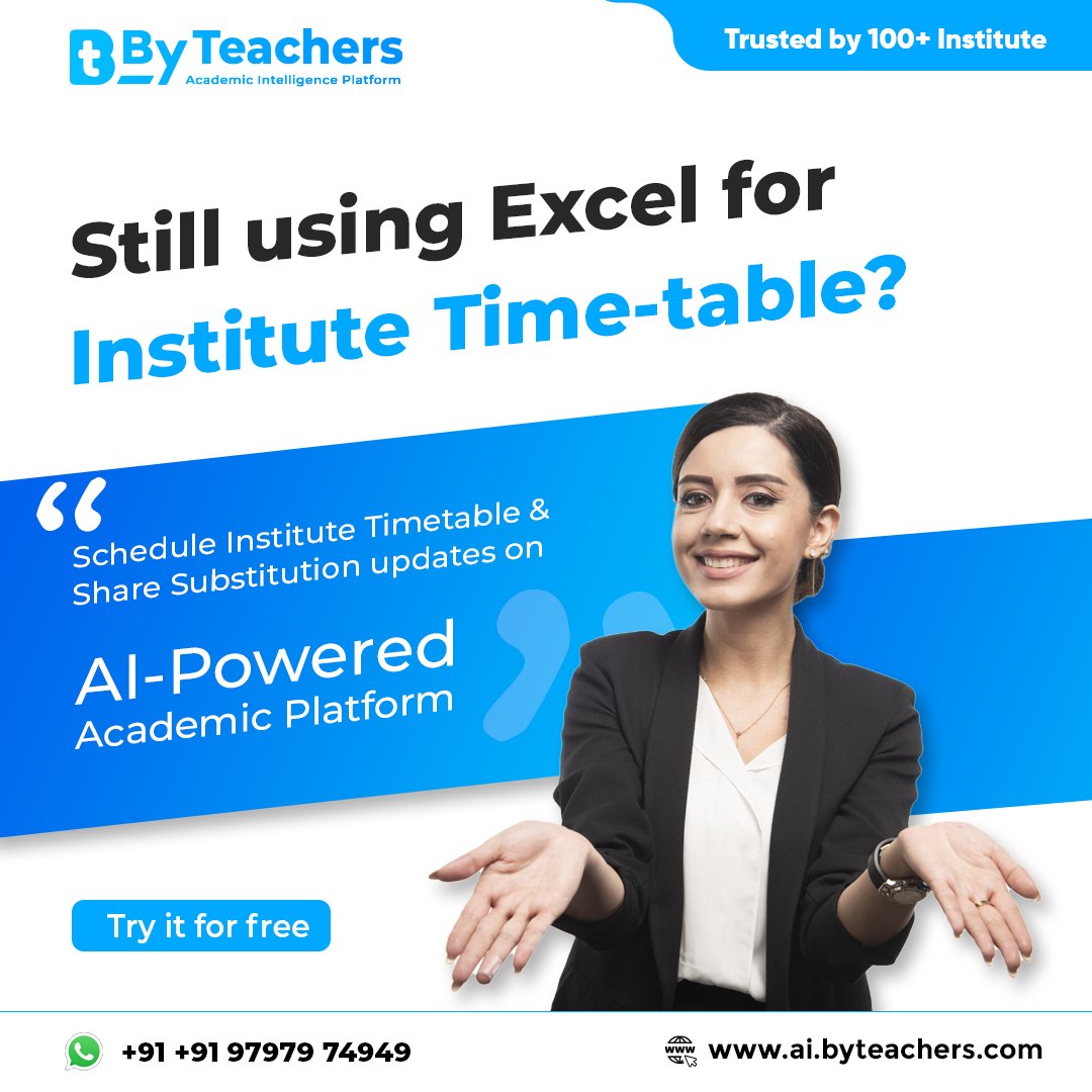 byteachersapp's tweet image. Are you still using Excel for Institute Timetable?

Say goodbye to Excel. With ByTeachers, you can easily plan your timetable with our AI-Planner, It does not let you make any mistakes.

Book your demo today.

Visit - ai.byteachers.com

#AIPlanner #edtech #coaching