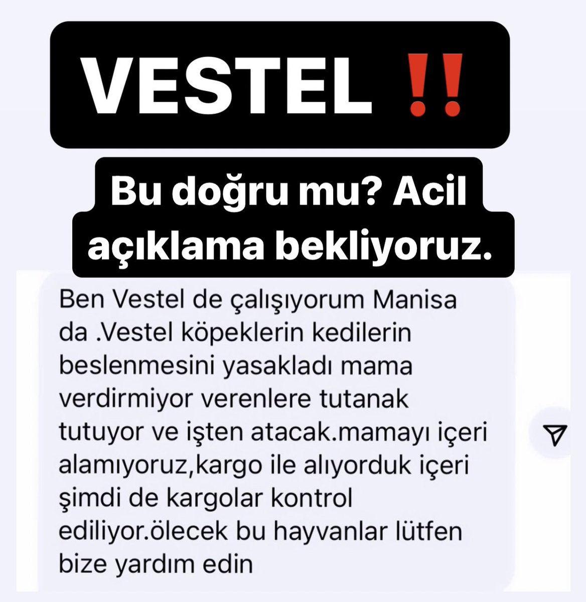 Böyle bir mesaj iletildi tarafımıza. Yazan kişi bizzat çalışan olduğunu iletiyor. #Vestel‼️ Acil açıklama talep ediyoruz. 

Bu fabrikada çalışanlar lütfen bize ulaşın ve bu konu hakkında olan biteni korkusuzca bizimle paylaşın. İsim bilgisi kesinlikle paylaşmayacağız.