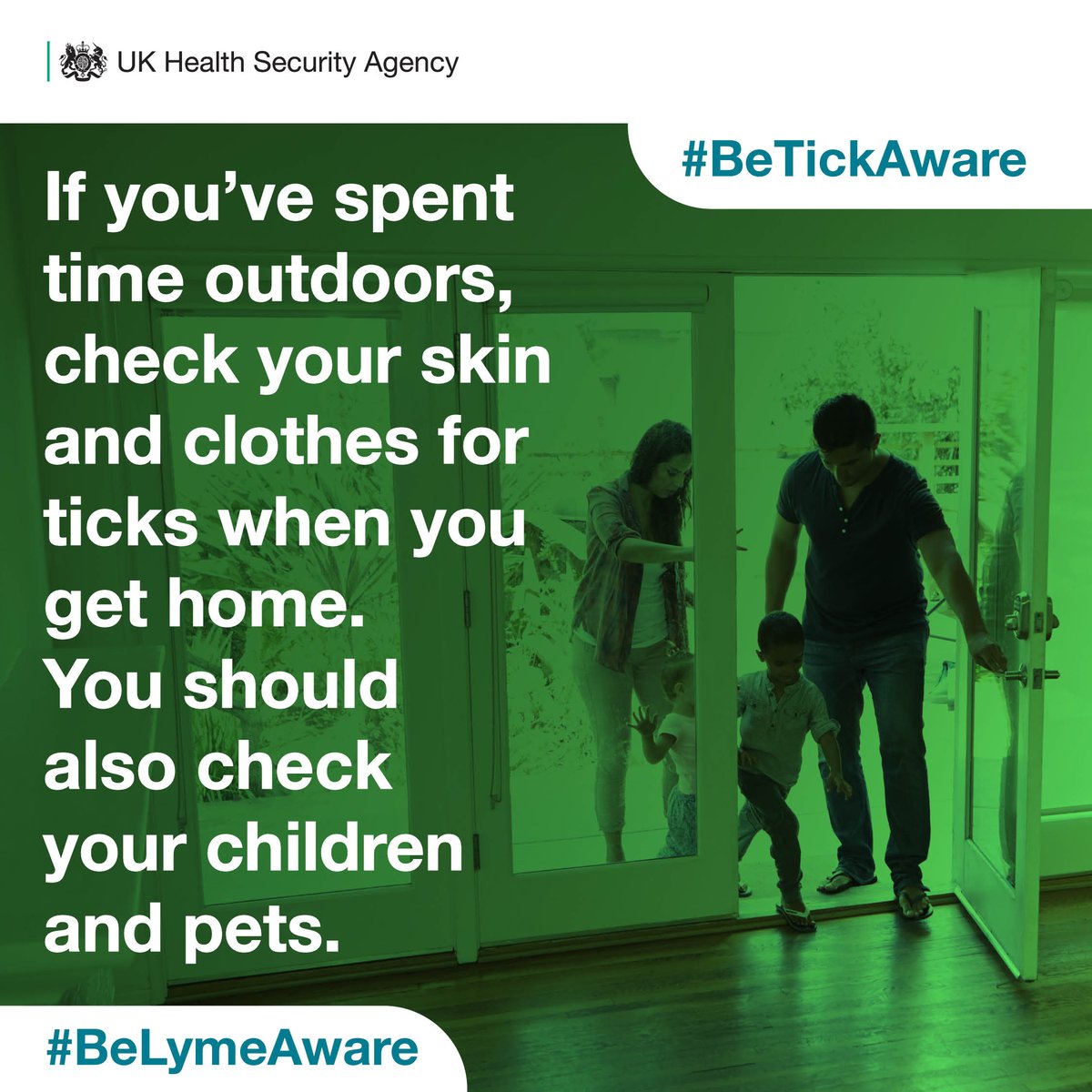 If you've spent time outdoors, check your skin and clothes for ticks when you get home. You should also check your children and pets. 

#BeTickAware #BeLymeAware