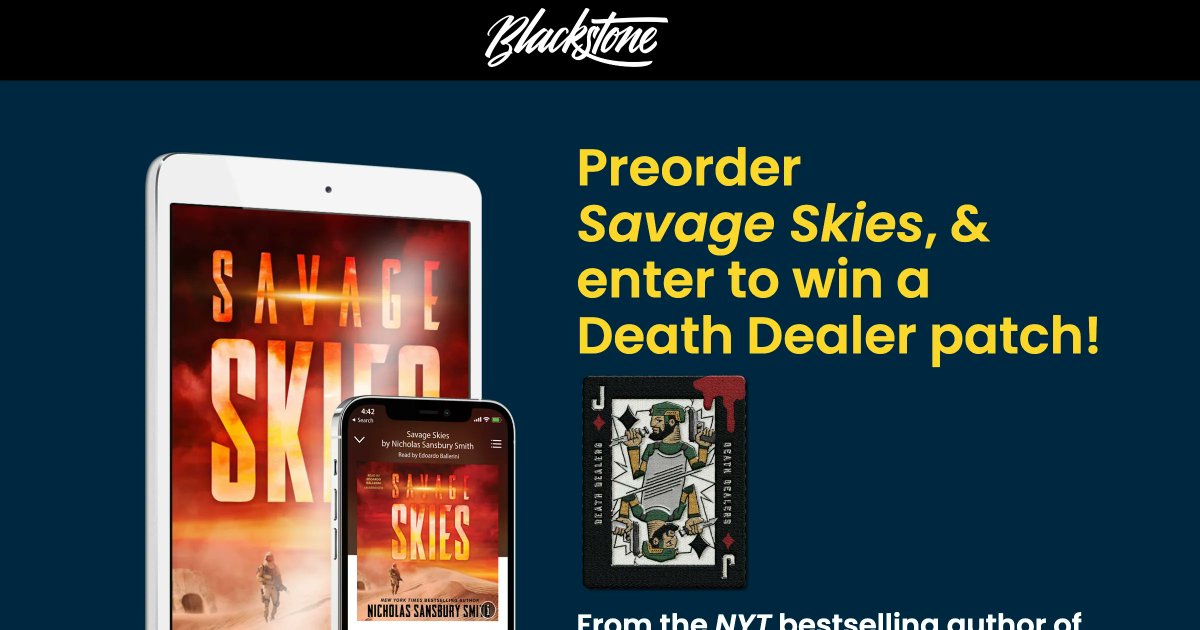 🚨GIVEAWAY alert! Preorder #SAVAGESKIES & enter to win a Death Dealer patch! From the @nytimes bestselling author of the #HellDiversseries, @greatwaveink comes a brand-new look at the future in this sci-fi military novella, narrated by #EdoardoBallerini! 👇buff.ly/3OVvlUw