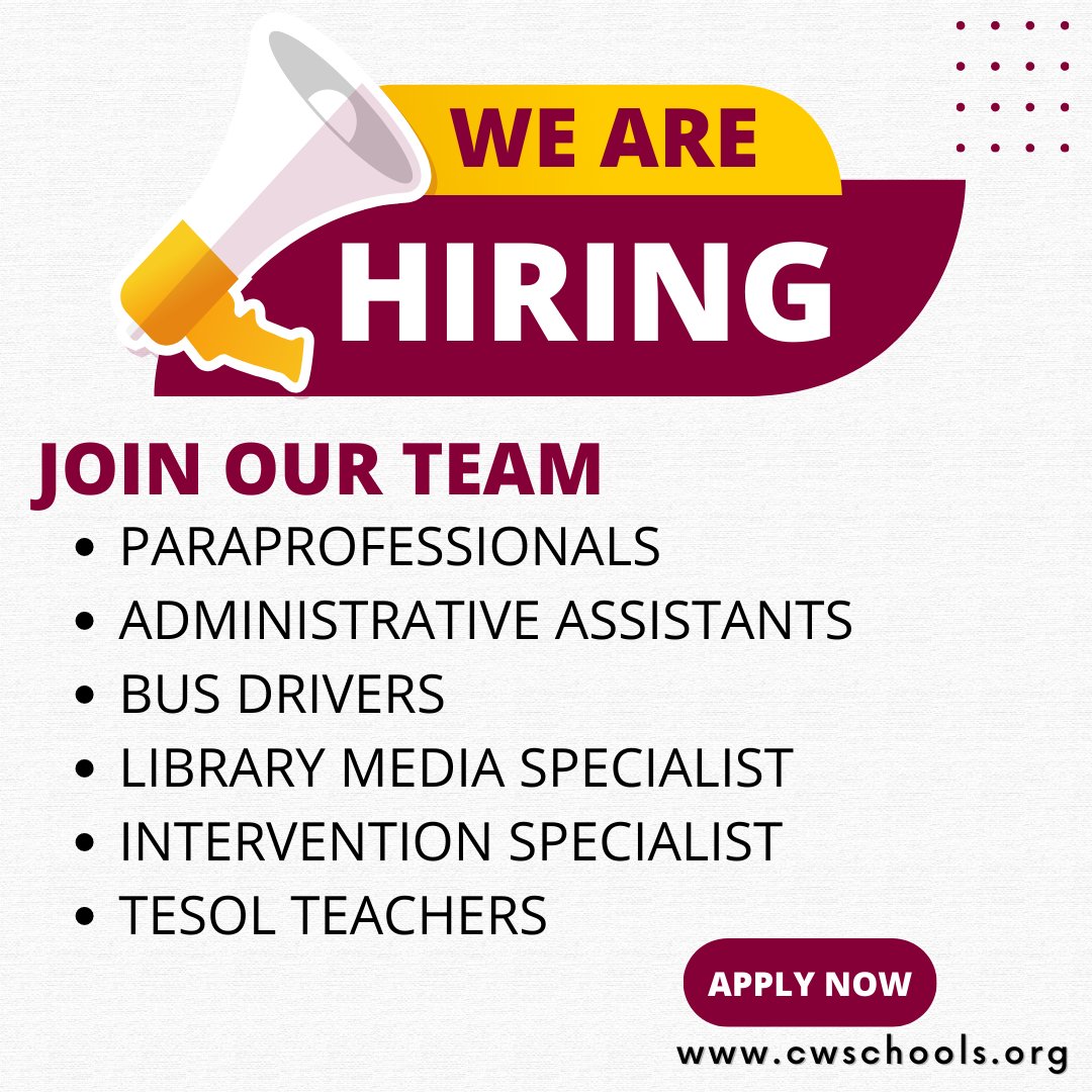 Join the CW Schools Team! Apply today at bit.ly/CWLSJobs.
We are NOW HIRING for the following positions:
🍎Teacher Aides (Paraprofessionals)
🍎Administrative Assistants
🍎Bus Drivers
🍎Library Learning Commons Media Specialist
🍎Intervention Specialist
🍎TESOL Teachers