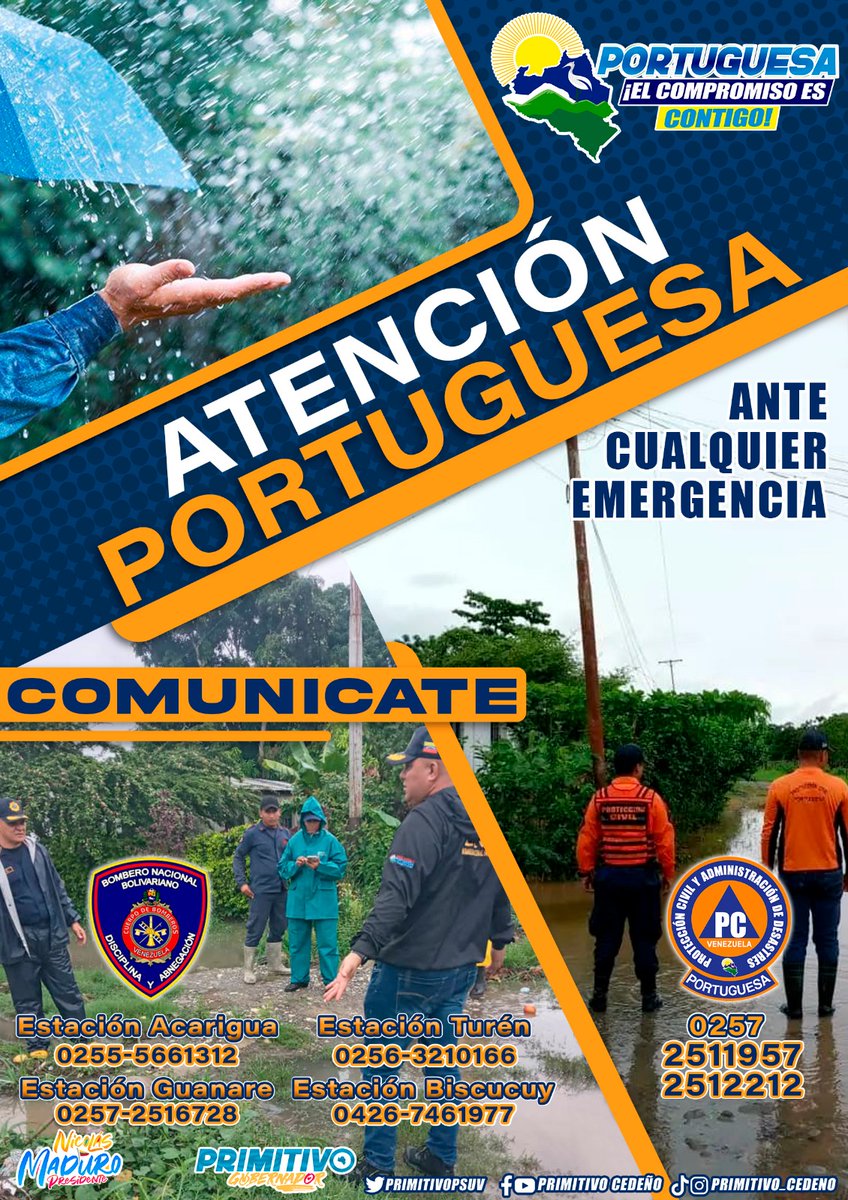 Nos mantenemos en Alerta Constante ante el inicio de la temporada de lluvias, en #Portuguesa la Dirección de Protección Civil pone a disposición líneas directas para la atención de los portugueseños.
 #PortuguesaElCompromisoEsContigo
#PortuguesaLealesConNicolás