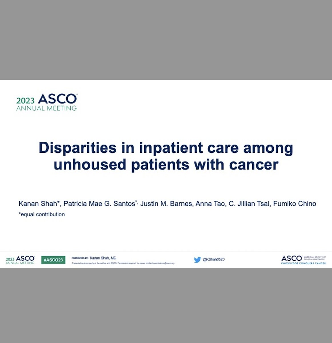 Dr <a href="/KShah0520/">Kanan Shah, MD</a> presented on the final day of #ASCO23 on disparities in hospital care for unhoused people with cancer.

🏠Despite having more mortal cancers, unhoused patients are LESS likely to receive almost all types of care in the hospital💊

A thread... (1/🧵)