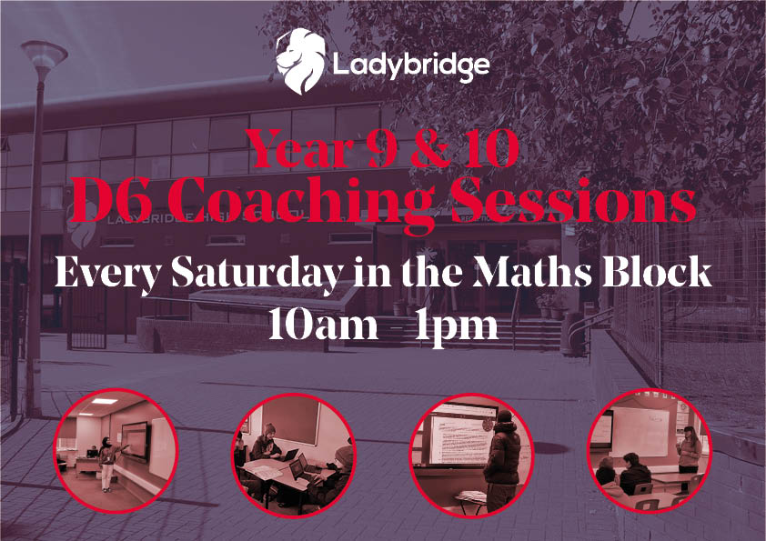 Our #D6 revision sessions will be available to Years 9 & 10 from Sat 24 June. Please ensure you have registered via the form in the email sent to Y9 & 10 parents if your child will be attending #LadybridgeLearners #peertutoring #agency #peercoaching #commitment #revision