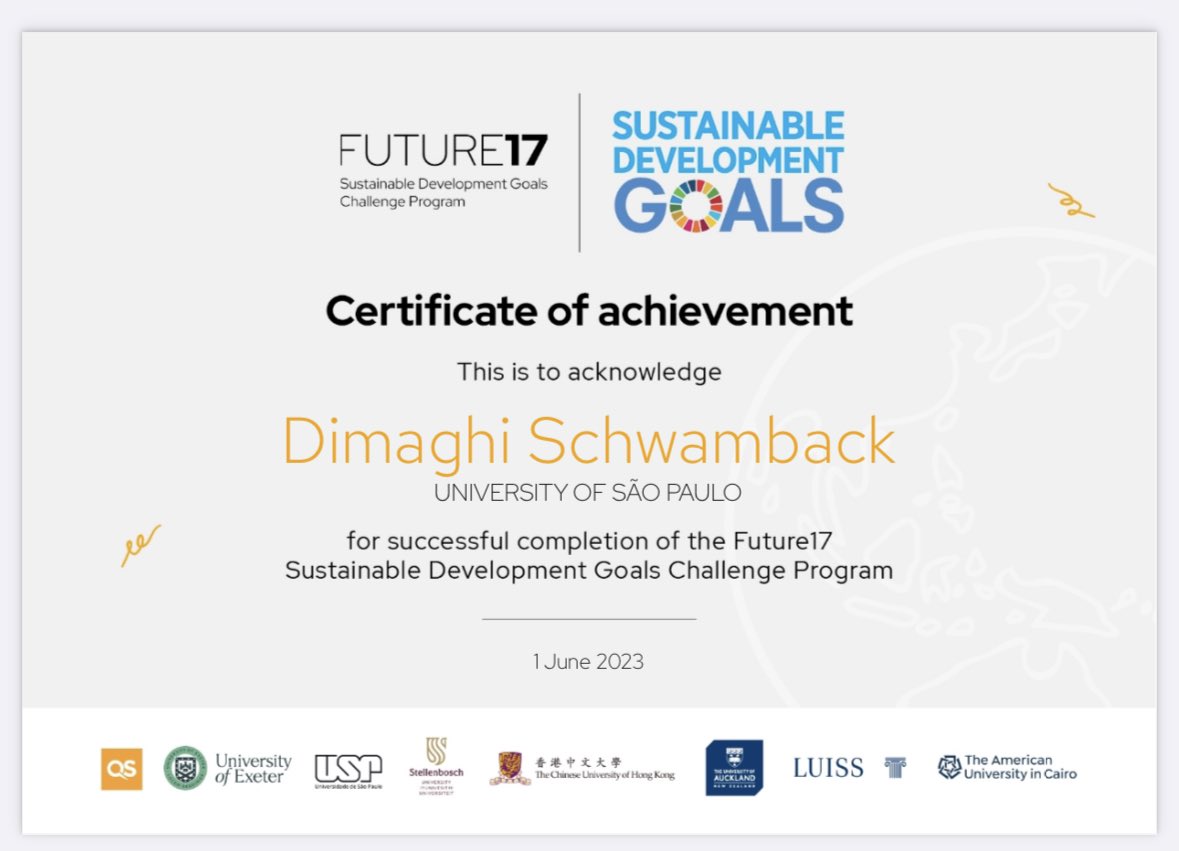 Dimaghi's tweet photo. Just completed the #Future17 Challenge by @QSCorporate.
Future17 uses the UN’s Sustainable Development Goals as a framework to help find solutions for the global, interdisciplinary challenges we are facing. Watch as we make the impact!
@usponline @cienciausp https://t.co/H7kQxrRvvN