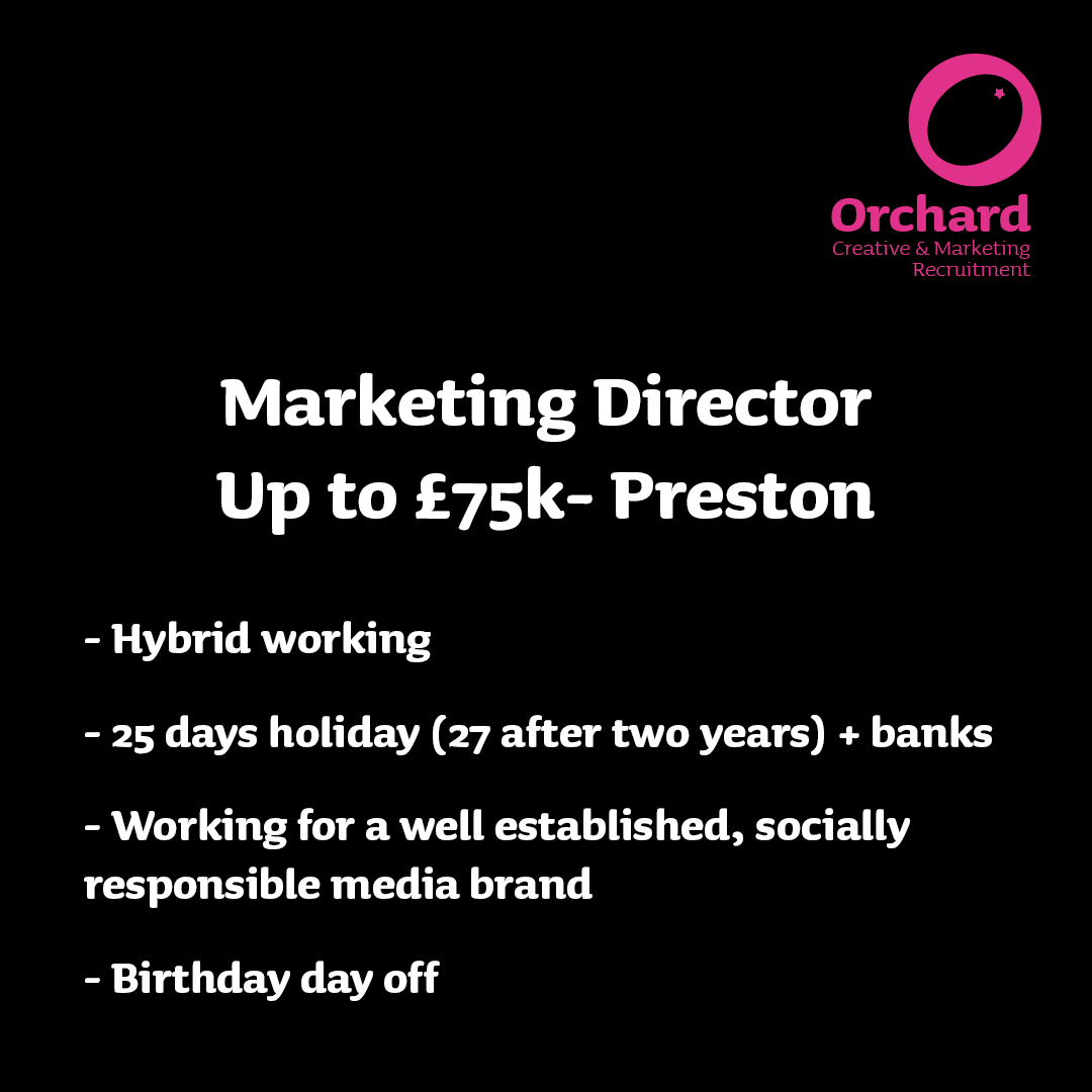 🚨 Marketing Director 🚨 linktr.ee/orchardmanches… 🤩 Up to £75k ~ Preston 🤩 ✅ Hybrid working ✅ 25 days holiday (rising to 27 after two years) + birthday day off ✅ Great benefits package For more information, follow the link above 👆 #HiringAlert #hiringnow #marketingjobs