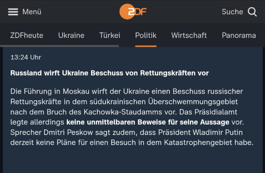 Deutsche Medien fucking useless. Während Russen ukrainische Rettungskräfte beschissen, selber keine Evakuierung vornehmen und die Leute aus dem Überflutungsgebiet gar nicht ausreisen lassen, tippt @ZDFheute einfach russische Propaganda ab. #Cherson