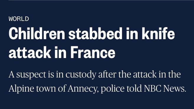 EndWokeness's tweet photo. 4 kids and 2 adults were just stabbed at a playground in Annecy, France

The attacker was a Syrian refugee but the media conveniently buries that detail https://t.co/rgoExRmmpB