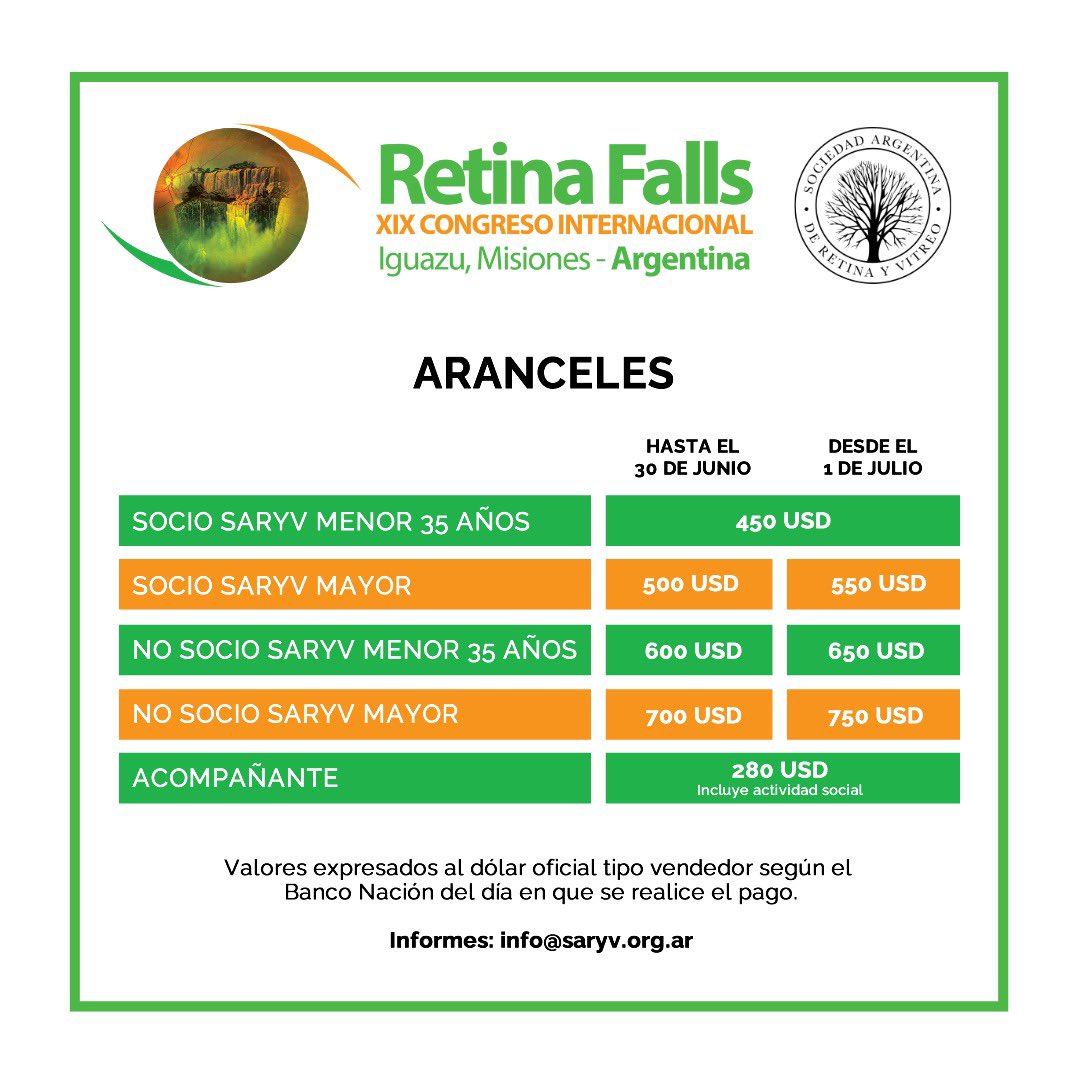 XIX Congreso Internacional SARyV “Retina Falls”

¡INSCRIPCIONES ABIERTAS!

👉🏻 Desliza para conocer los aranceles

Informes: info@saryv.org.ar
