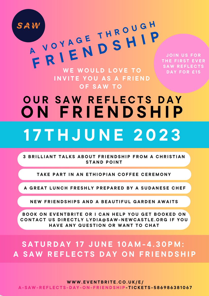 Join us for our SAW Reflects Day on friendship, 17 June 10am - 4:30pm Featuring three brilliant speakers, a delicious feast and an Ethiopian coffee ceremony Book now*: eventbrite.co.uk/e/a-saw-reflec… *bookings close on 12 June