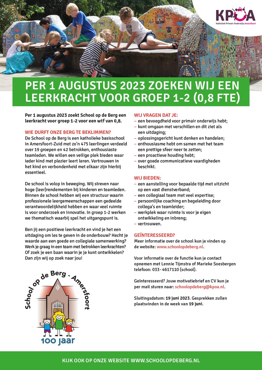 School op de Berg zoekt een leerkracht voor groep 1-2 (0,8000 FTE)